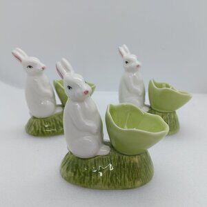 3 Vintage Ceramic Sur La Table Bunny Garden Egg Cups White Rabbit